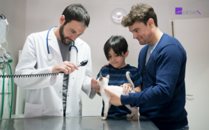 Veterinarian with Feline patient and family